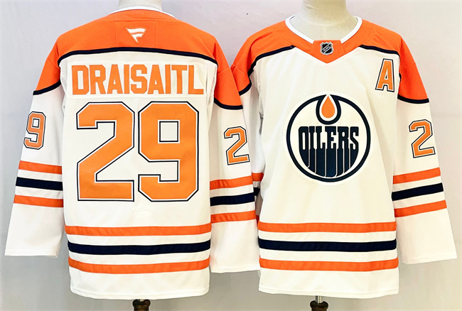 Men's Edmonton Oilers #29 Leon Draisaitl White/Orange 2024-25 With A Patch Stitched Jersey